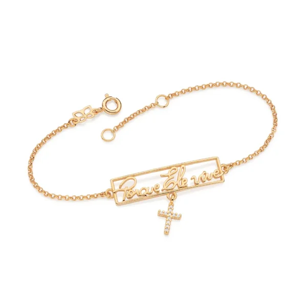 PULSEIRA COM FRASE PORQUE ELE VIVE E CRUZ BANHADA A OURO 18K COM ZIRCÔNIAS - TAM.19 552176