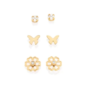 KIT BRINCO BORBOLETA, FLOR E SOLITÁRIO BANHADO A OURO 18K COM ZIRCÔNIAS - TAM.ÚNICO 527229