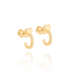 BRINCO MEIA ARGOLA CORAÇÃO BANHADO A OURO 18K COM ZIRCÔNIAS - TAM.ÚNICO 526446