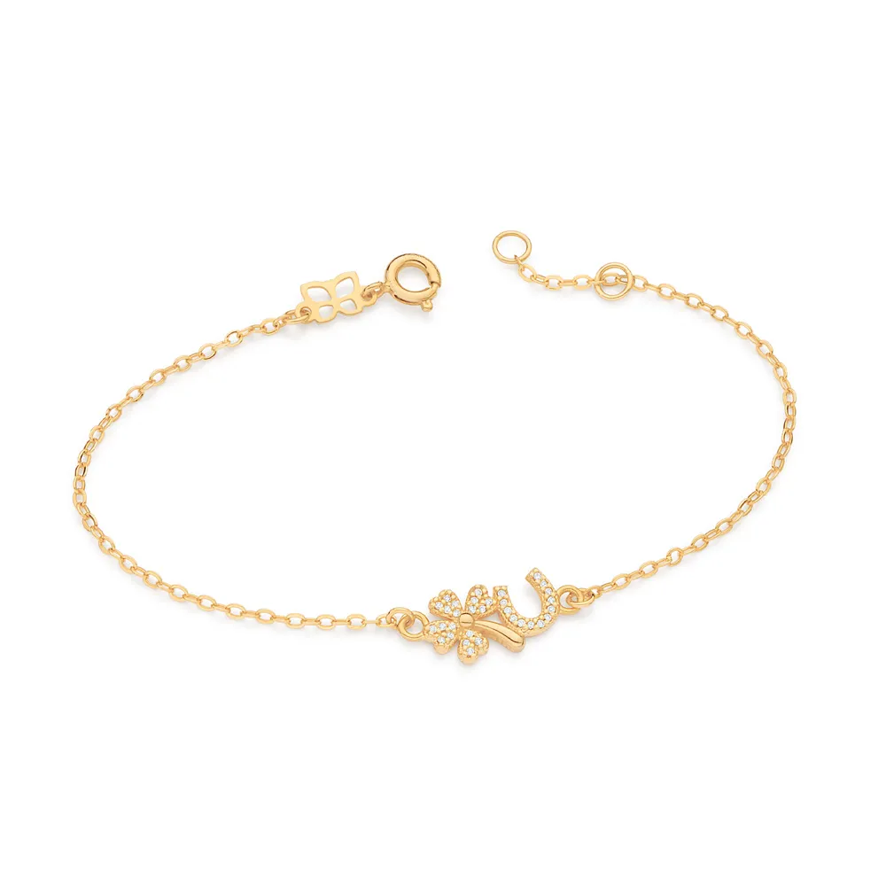 PULSEIRA TREVO DE QUATRO FOLHAS E FERRADURA BANHADA A OURO 18K COM ZIRCÔNIAS 552235